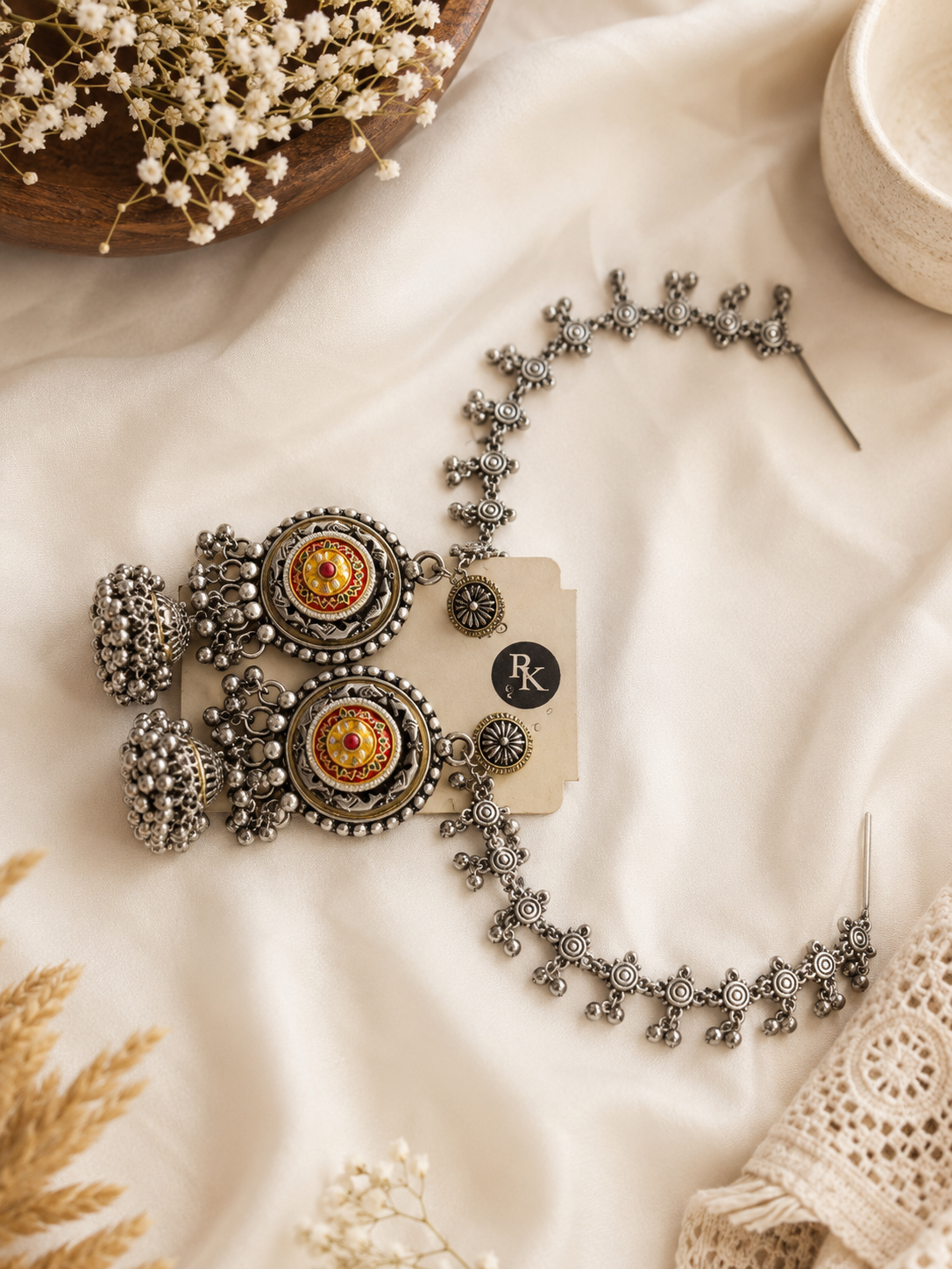 Bahubali Royal Enamel Kan-Chain Jhumka Earrings