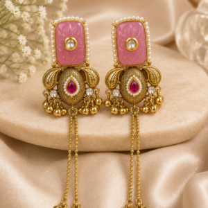 Gulabi Carved Rose Quartz Glass Gold Dangler Earrings