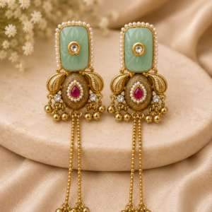 Panna Mint Green Carved Stone Gold Dangler Earrings