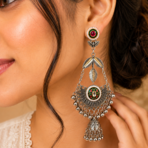 Vriksha Leaf Arch Enamel Chandelier Jhumka Earrings