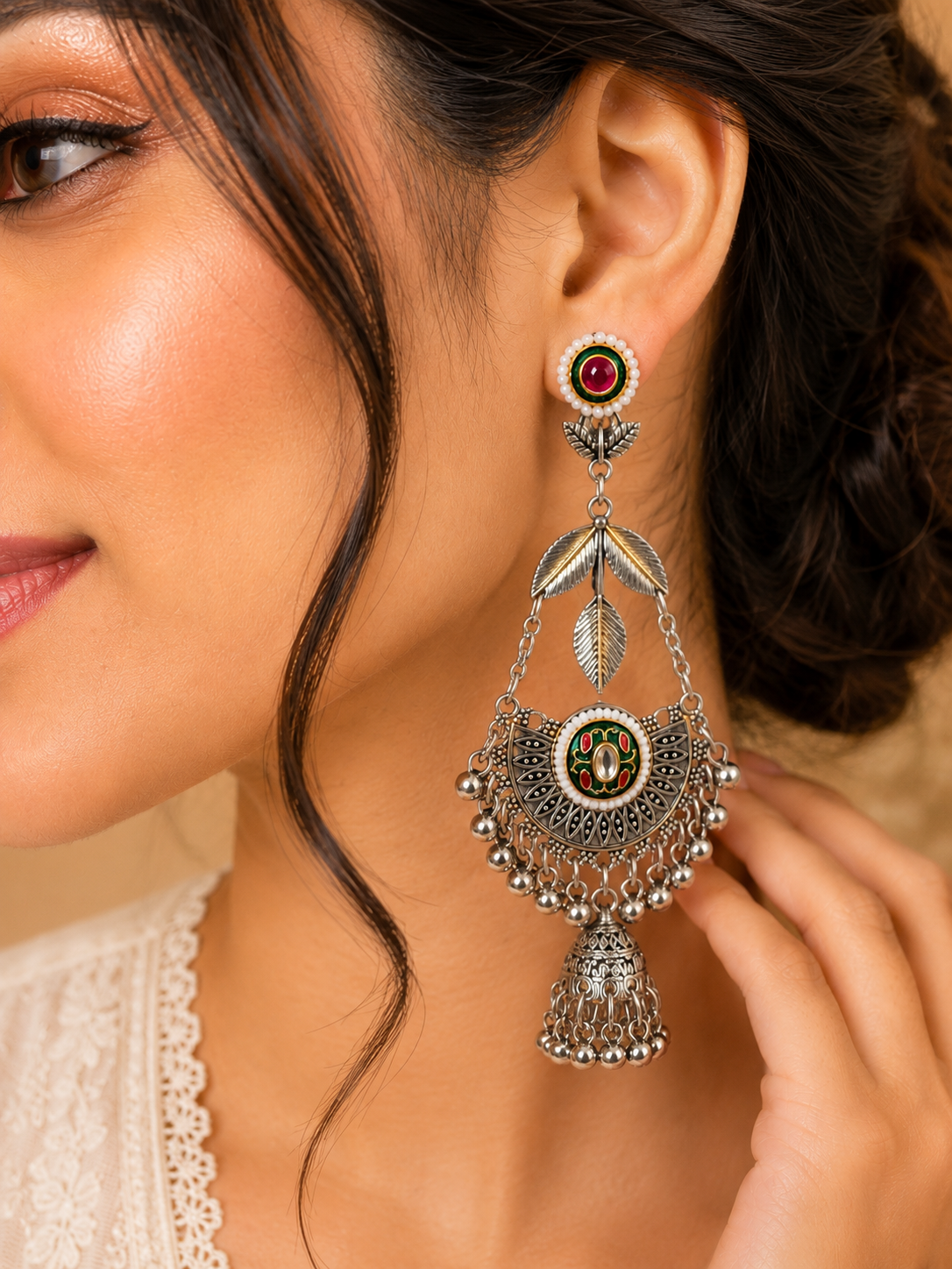 Vriksha Leaf Arch Enamel Chandelier Jhumka Earrings