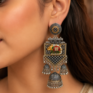 Shahi Howdah Elephant Enamel Triple Jhumka Earrings