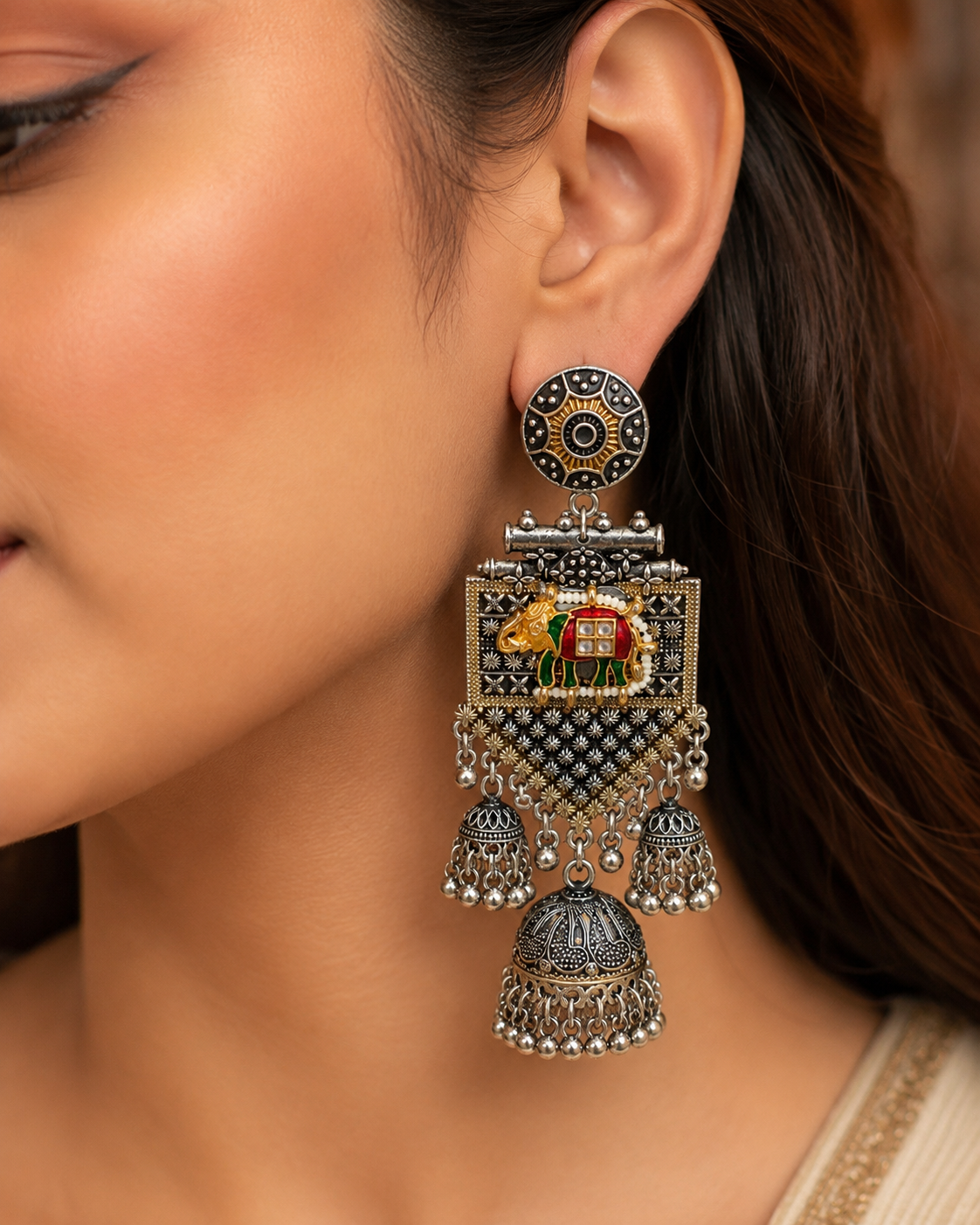 Shahi Howdah Elephant Enamel Triple Jhumka Earrings