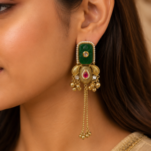 Zeenat Emerald Green Carved Stone Gold Dangler Earrings