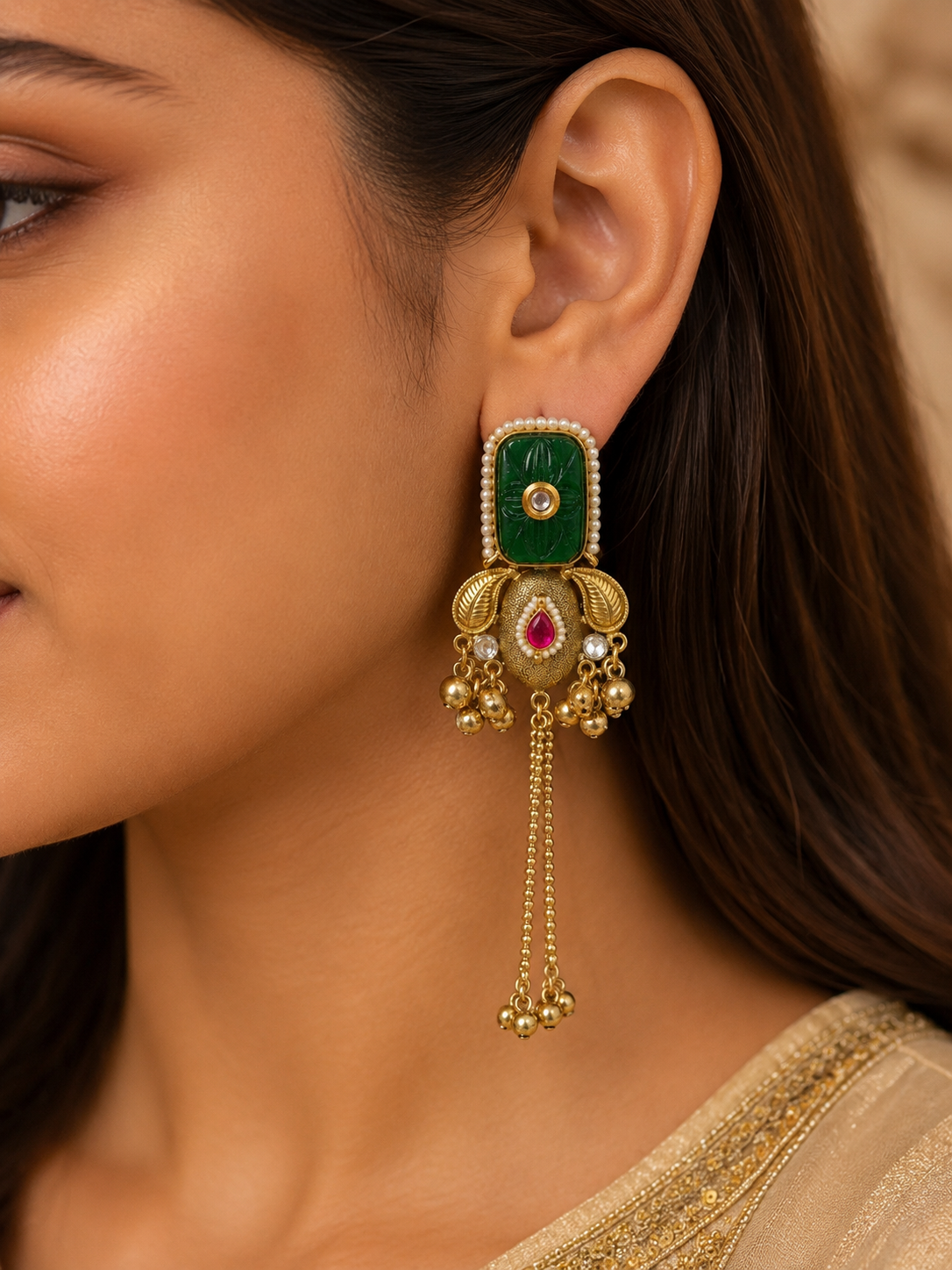 Zeenat Emerald Green Carved Stone Gold Dangler Earrings