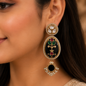 Noor Black Onyx Oval Kundan Polki Statement Earrings