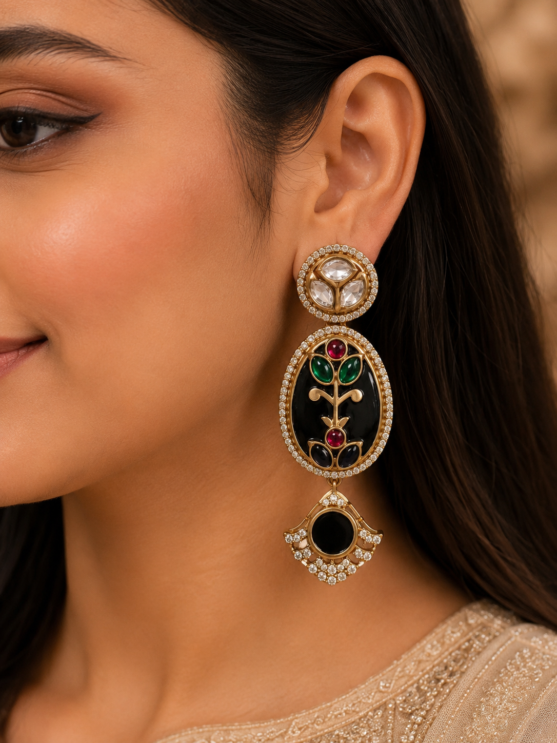 Noor Black Onyx Oval Kundan Polki Statement Earrings