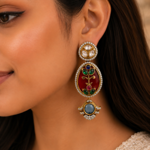 Gulmohar Ruby Red Oval Kundan Polki Statement Earrings
