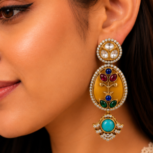 Kesar Mustard Yellow Oval Kundan Polki Statement Earrings