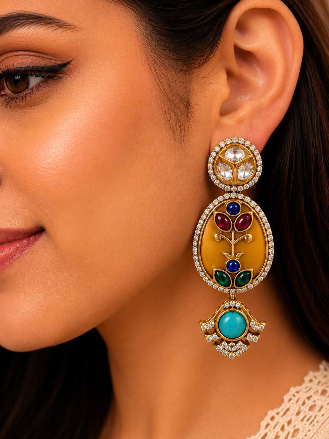 Kesar Mustard Yellow Oval Kundan Polki Statement Earrings