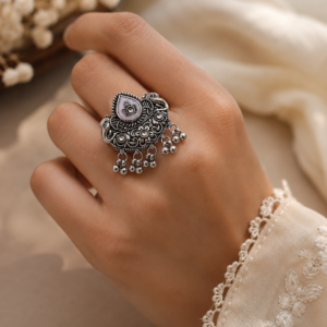 Hastinapur Twin Elephant Lavender Lotus Statement Ring