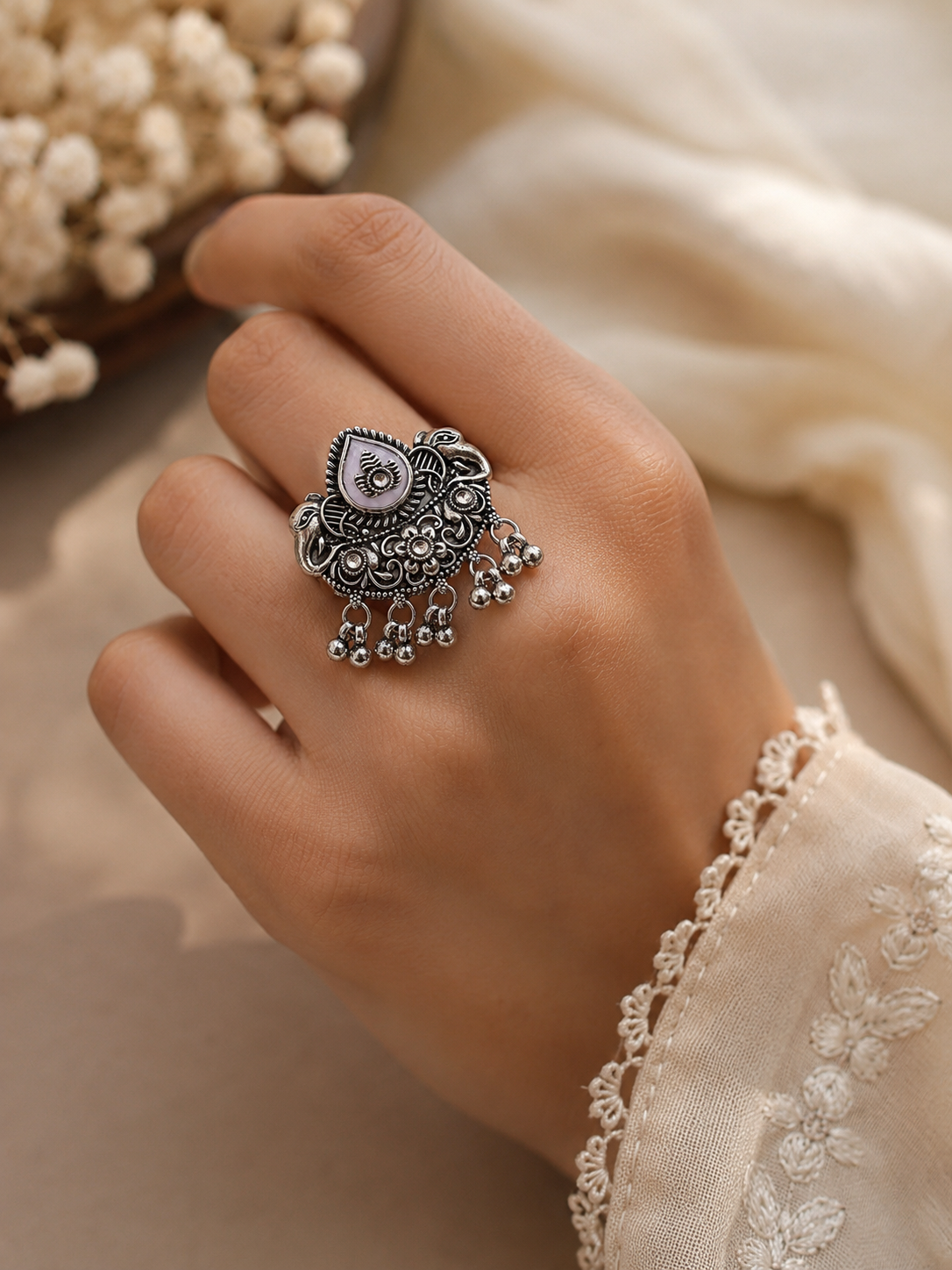 Hastinapur Twin Elephant Lavender Lotus Statement Ring