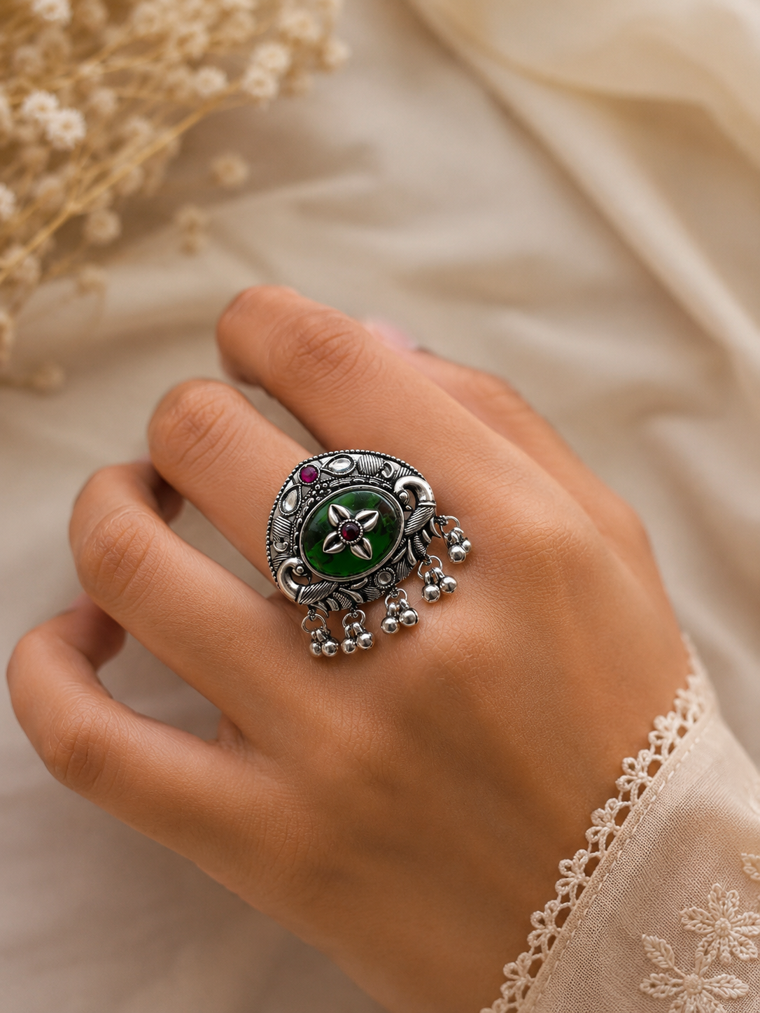 Mor Pankh Emerald Green Cabochon Peacock Statement Ring