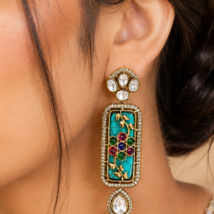 Firoza Turquoise Kundan Inlay Rectangular Statement Earrings