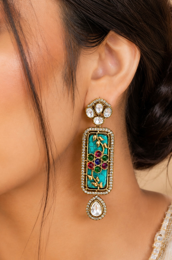 Firoza Turquoise Kundan Inlay Rectangular Statement Earrings