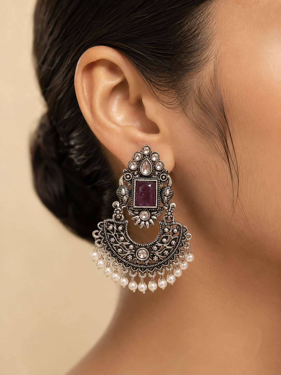 Padmavati Amethyst Purple Stone & Polki Chandbali Earrings
