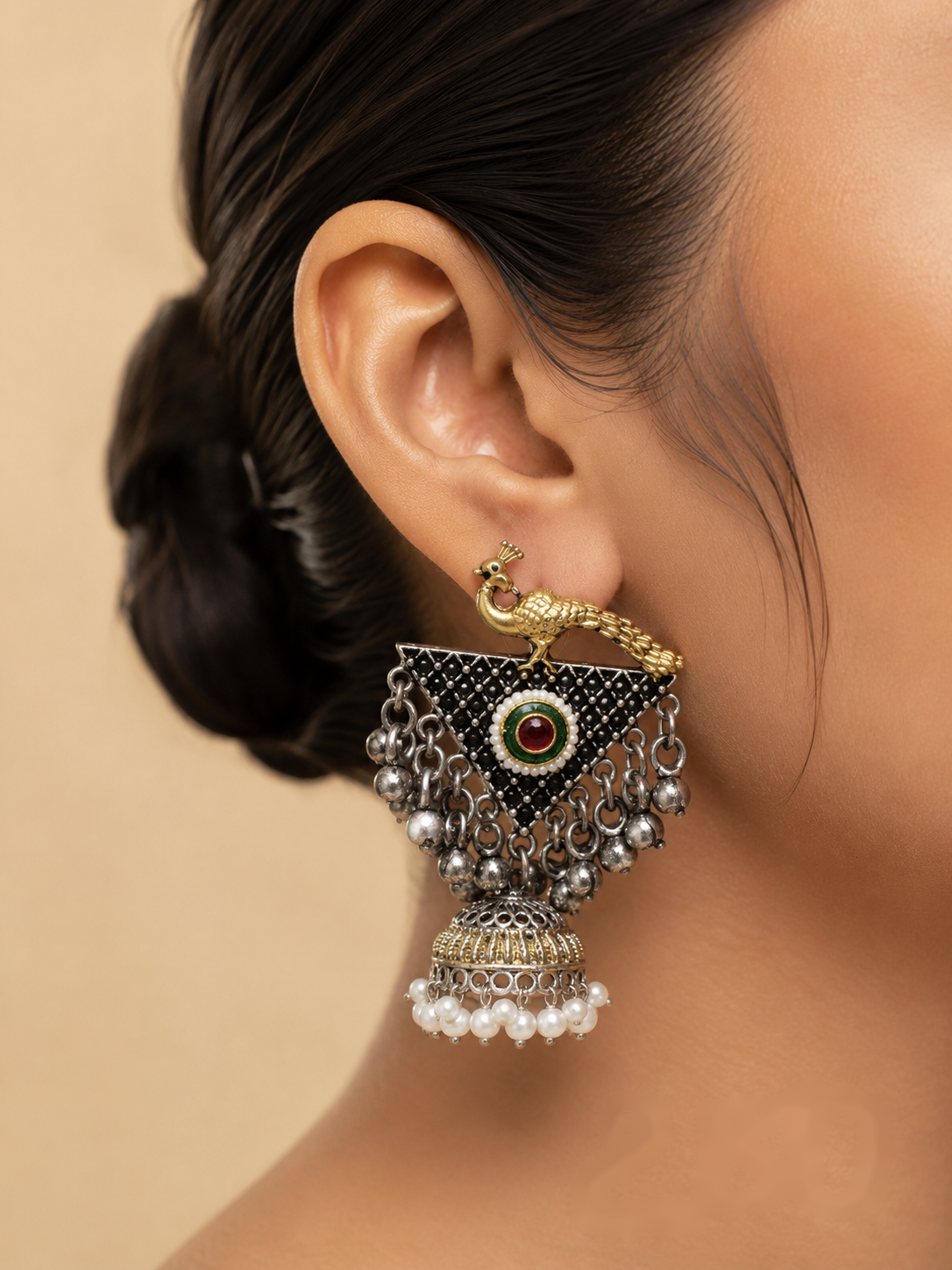 Rajkanya Dual-Tone Gold & Silver Peacock Triangular Jhumkas