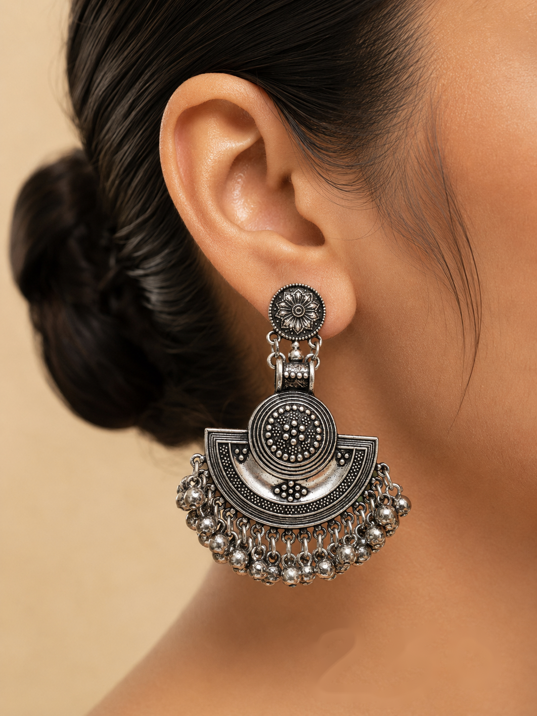 Chandni Half-Moon Filigree & Ghungroo Drop Earrings