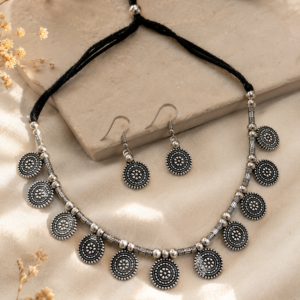 Chandrika Sunburst Coin Oxidised Silver Choker Set