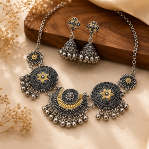 Sanskriti Dual-Tone Floral Medallion Choker Necklace Set