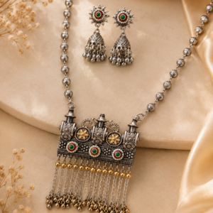 Devi Temple Dual-Tone Tasselled Rectangular Necklace Set