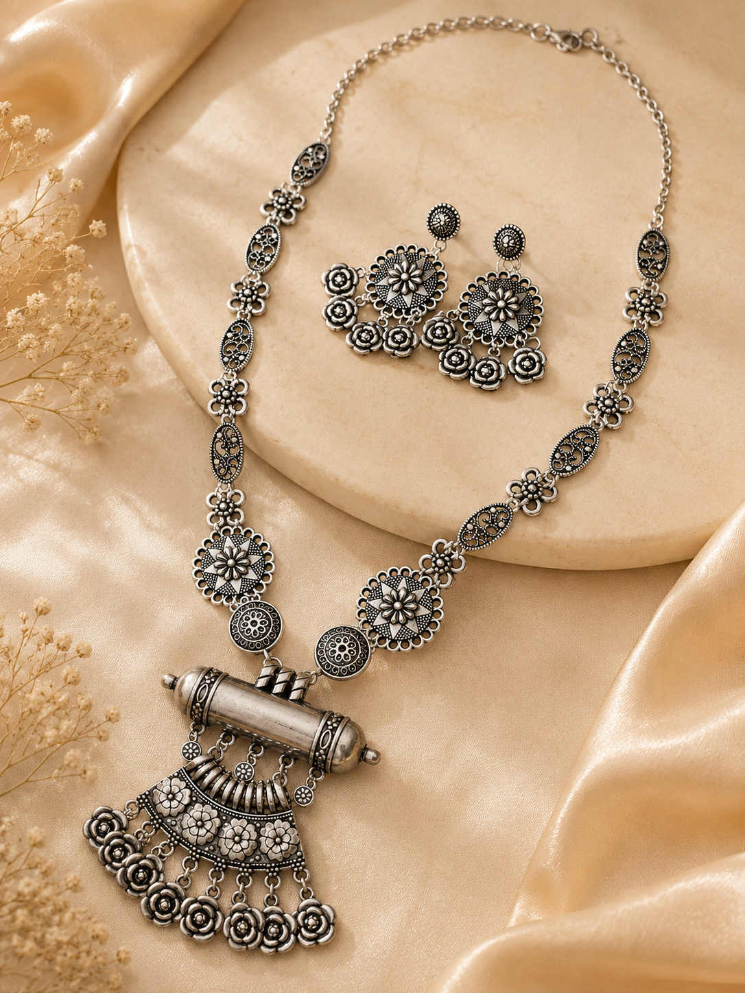 Kavach Tribal Amulet & Floral Filigree Long Necklace Set