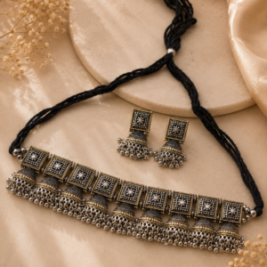 Rajwada Dual-Tone Square Block Choker Set with Jhumki Bells