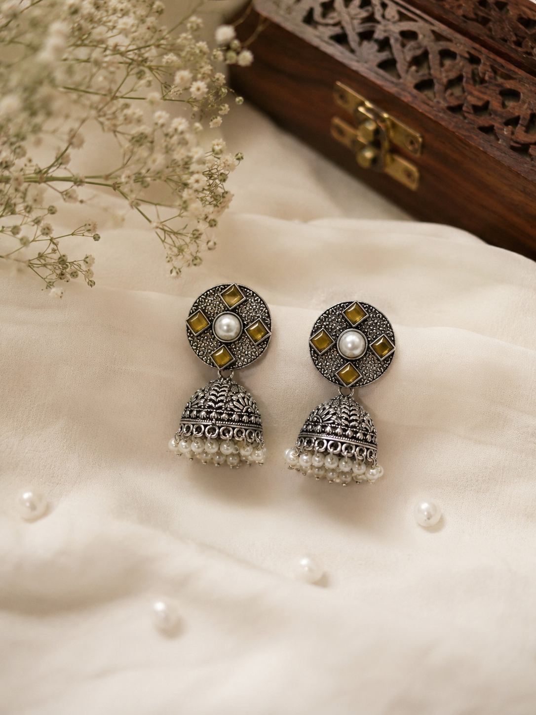 Kanika Amber Yellow Crystal & Pearl Dome Jhumka Earrings