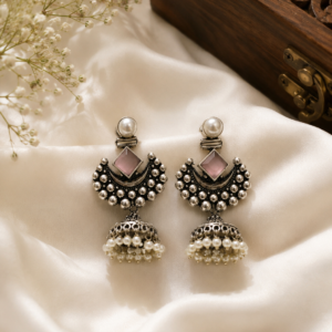 Roshni Pearl Stud Pink Quartz Crescent Jhumka Earrings