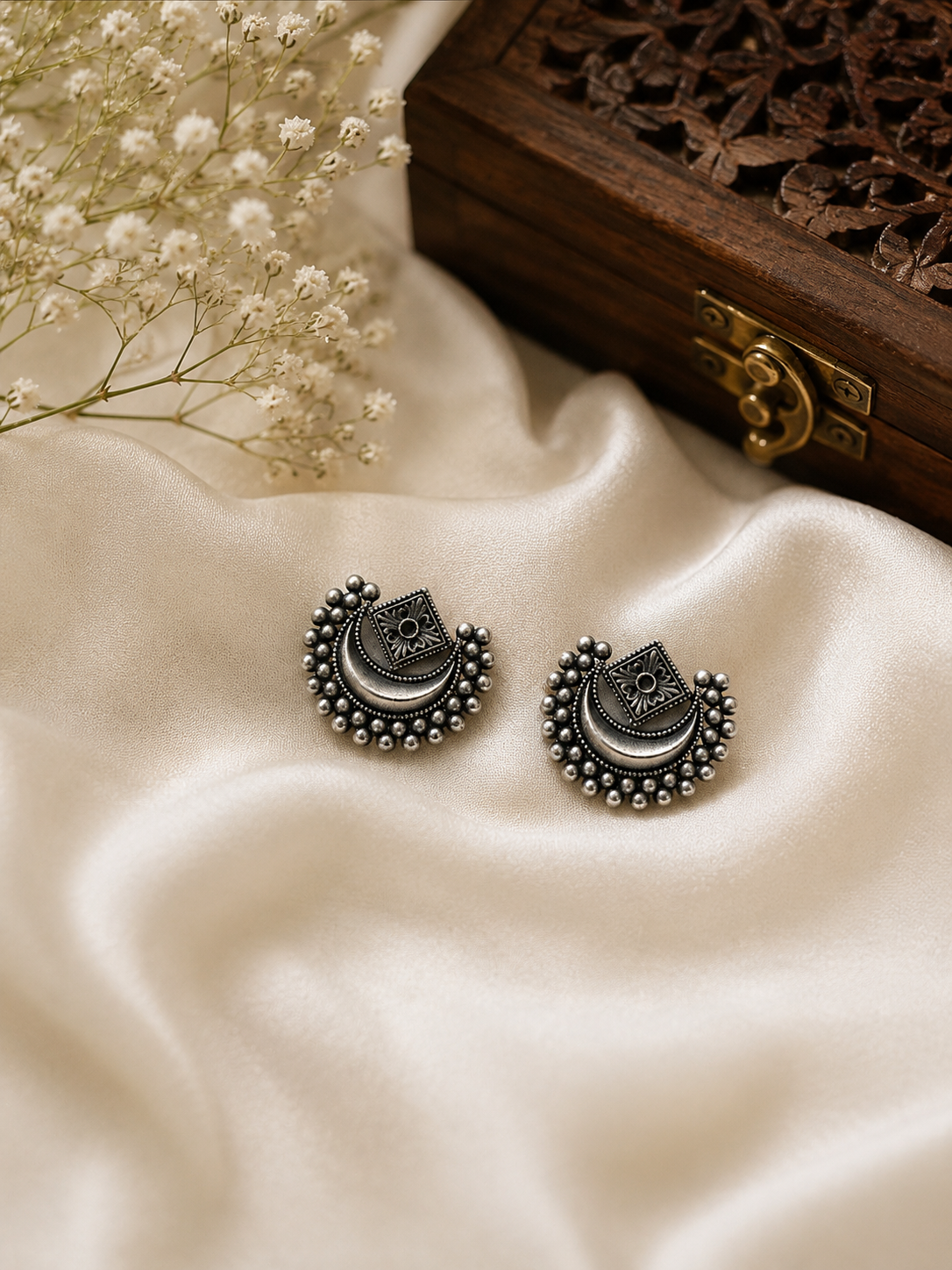 Chandramukhi Beaded Crescent Moon Oxidised Stud Earrings