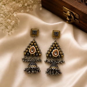 Alif Dual-Tone Calligraphic Stud Chevron Jhumka Earrings
