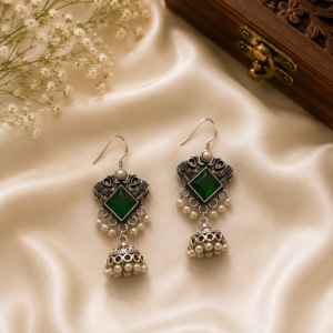 Nisha Emerald Green Rhombus Stone Hook Jhumka Earrings