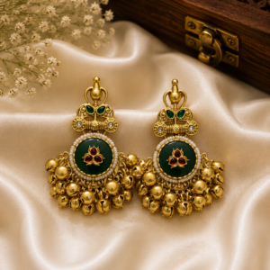 Vandana Antique Gold Emerald Enamel Clustered Ghungroo Earrings