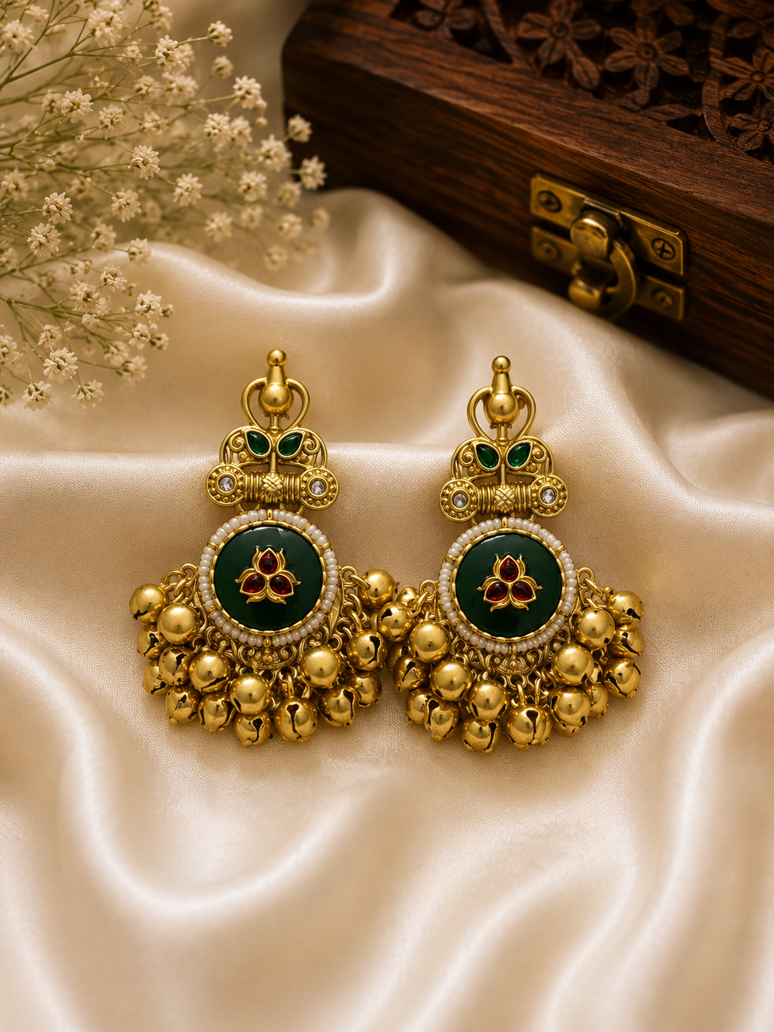 Vandana Antique Gold Emerald Enamel Clustered Ghungroo Earrings