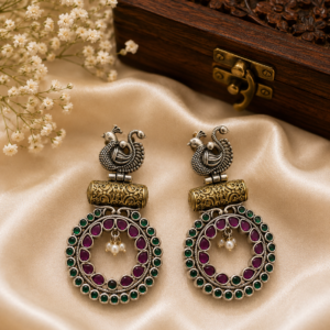 Navarathna Peacock Top Dual-Tone Hoop Dangler Earrings