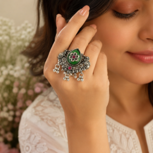Aadhya Emerald Green Teardrop Oxidised Statement Ring