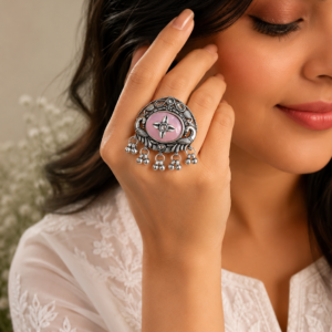 Ananya Twin Peacock Baby Pink Floral Statement Ring