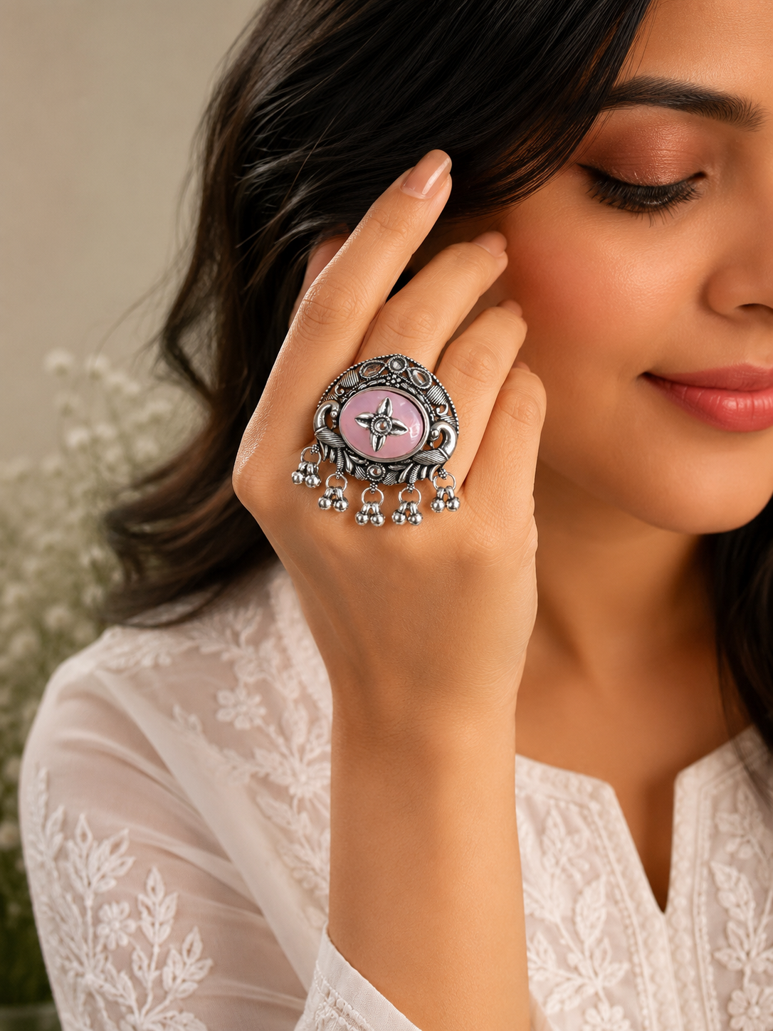 Ananya Twin Peacock Baby Pink Floral Statement Ring
