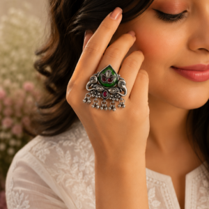 Airavata Royal Twin Elephant Emerald Green Statement Ring
