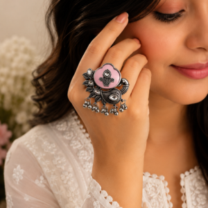 Mayura Pastel Pink Enamel & Kundan Peacock Statement Ring