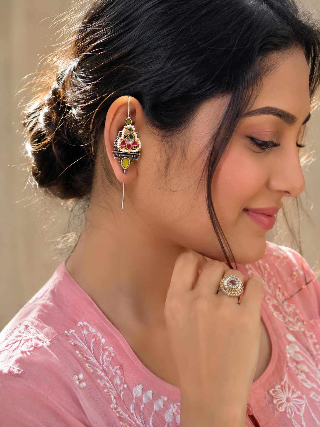 Navratna Kundan Floral Ear Cuff (Kan-Sui Ear Pin)