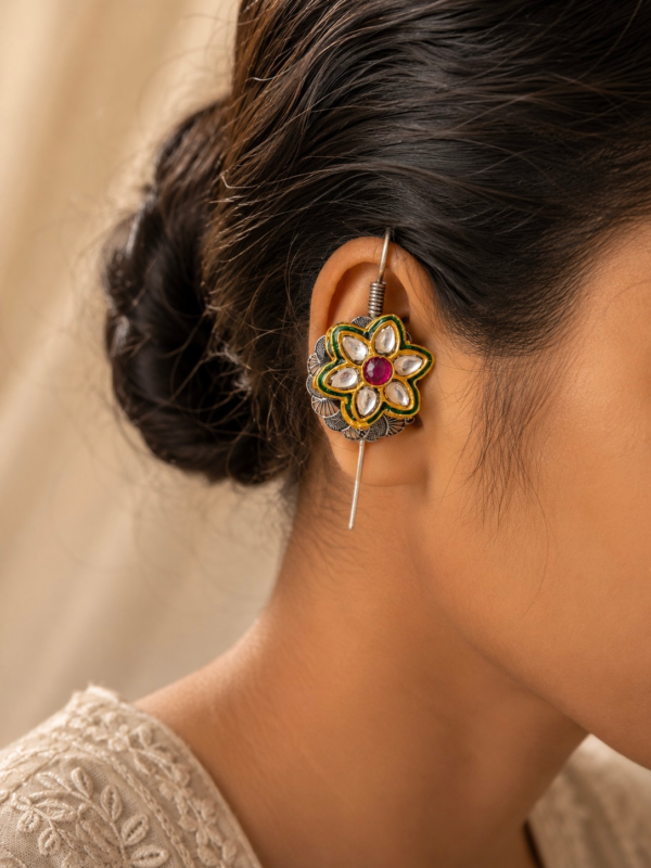 Padma Kundan & Meenakari Floral Ear Cuff Pin