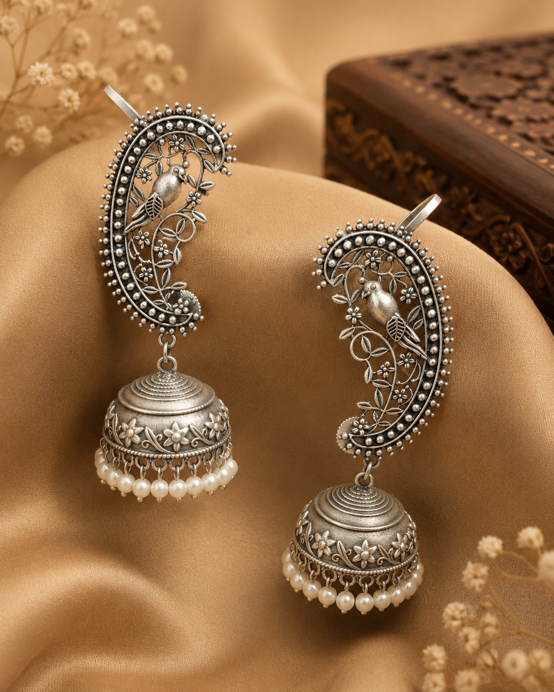 Kalyani Peacock Paisley Antique Silver Ear Cuff Jhumka