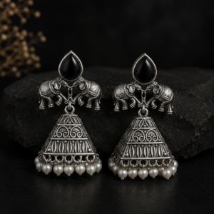 Gajraj Twin Elephant Black Onyx Pyramid Jhumka Earrings