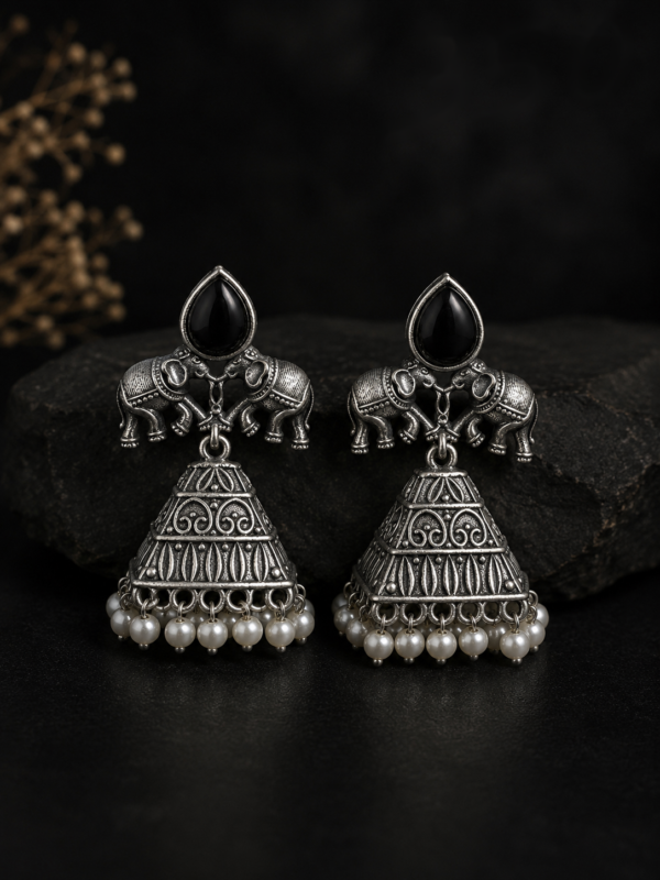 Gajraj Twin Elephant Black Onyx Pyramid Jhumka Earrings