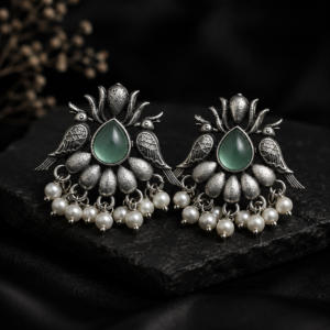 Pakhi Sage Green Stone & Twin Bird Tribal Drop Earrings