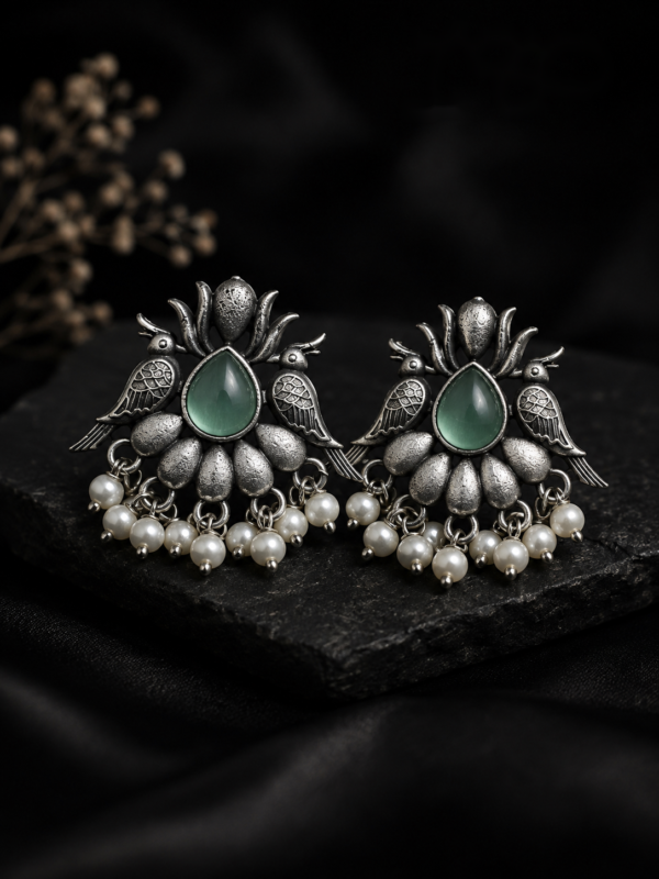 Pakhi Sage Green Stone & Twin Bird Tribal Drop Earrings