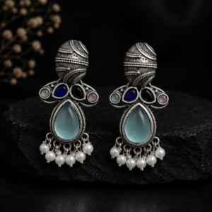 Meera Textured Oval Aqua Stone Tribal Dangler Earrings