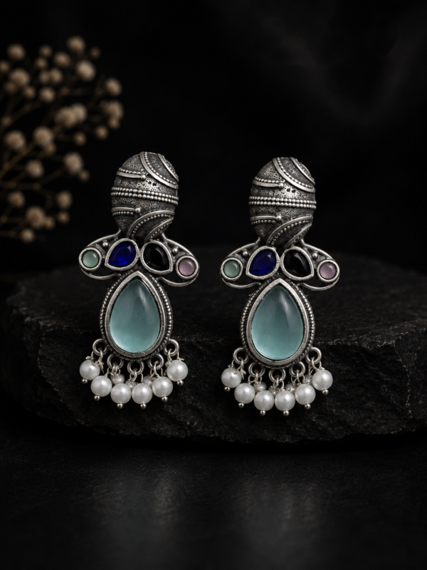 Meera Textured Oval Aqua Stone Tribal Dangler Earrings