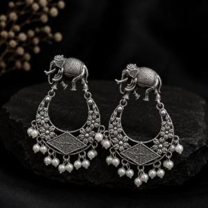 Maharani Royal Elephant Carved Chandbali Earrings